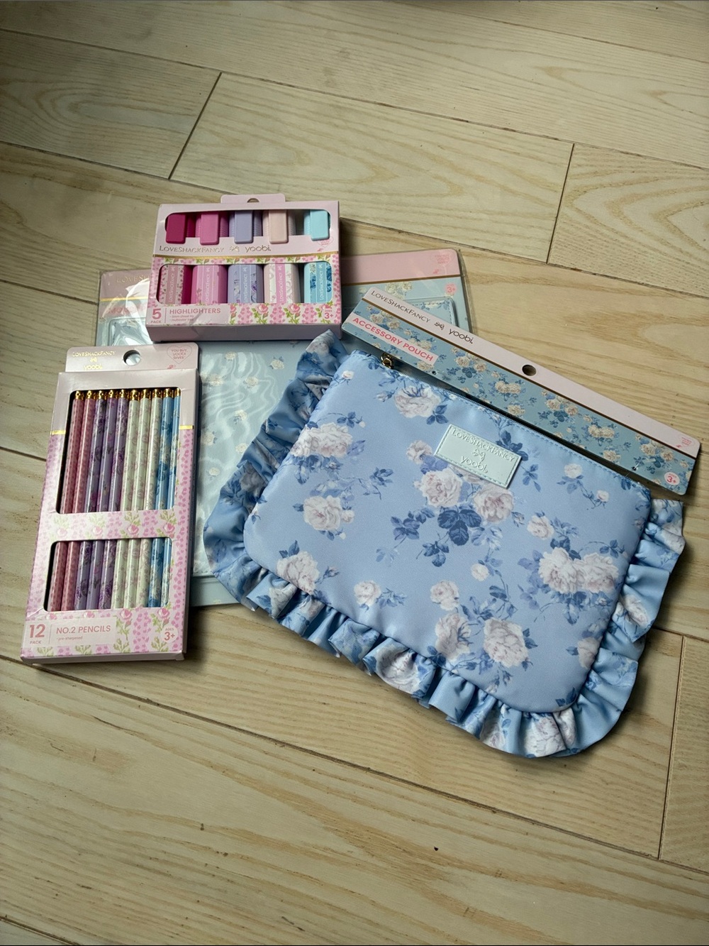 LoveShackFancy Blue Floral Ruffled Accessory Pouch with Pastel Stationery Set